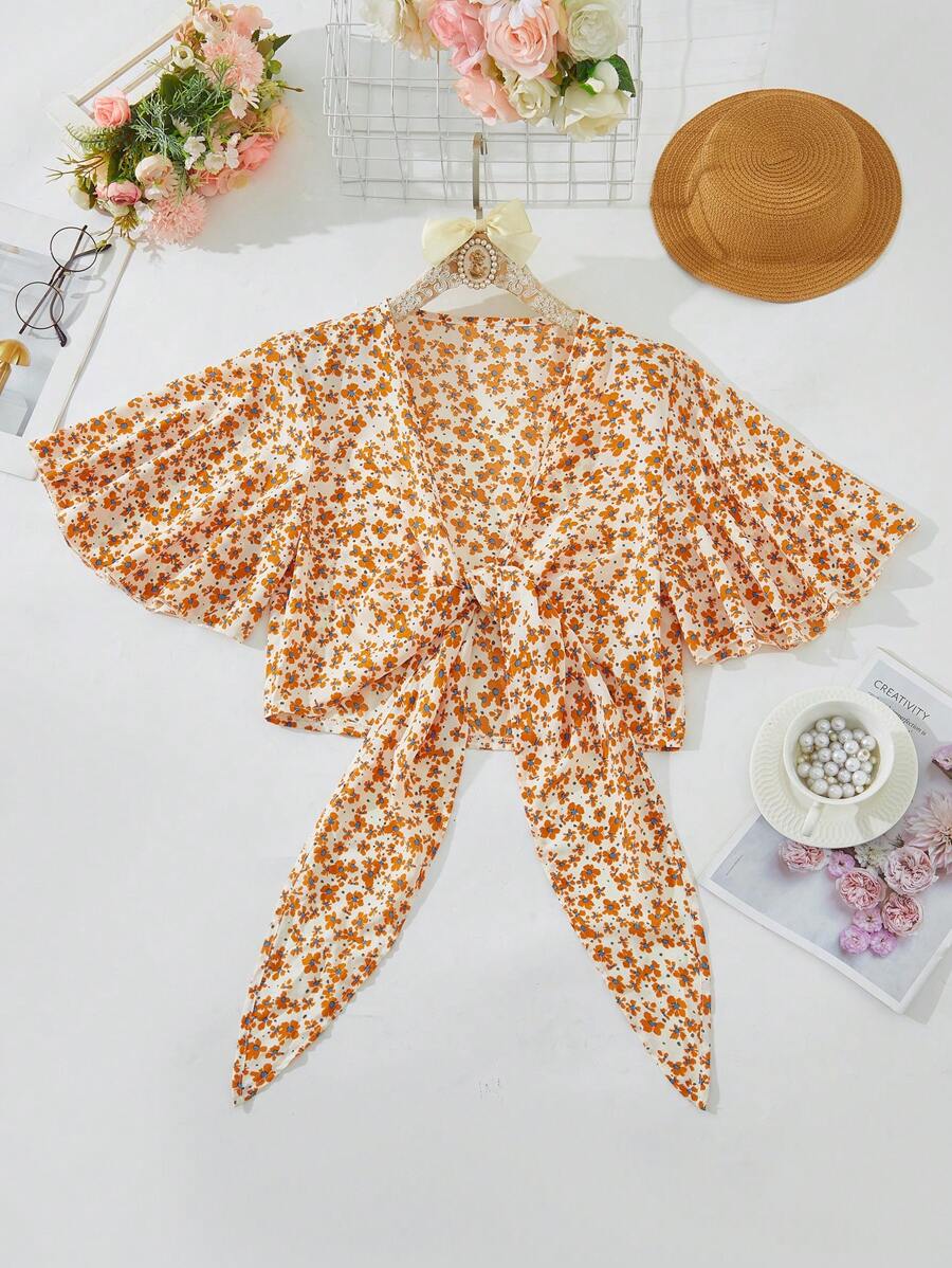 SHEIN PETITE 女士度假休闲碎花系带喇叭袖衬衫 - 白色 - 查看 1