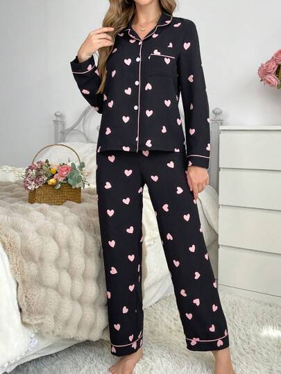 Contrast Collared Top Heart Bubble Wrinkled Women Pajama Set Cozy Elegante s, Fall Clothes view 4