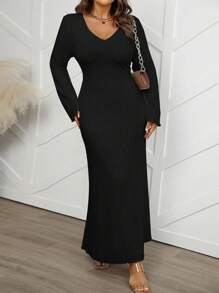 Flirla Plus Size Solid Color Knitted Ribbed Long Fitted Dress Maxi Women Outfit - Black - View 3
