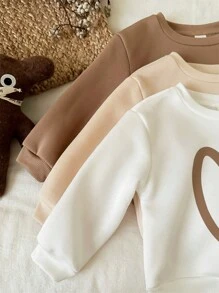 SHEIN Leap Crew 3 件装女婴复古心形印花加厚保暖长袖运动衫套装，适合秋冬季 - 彩色 - 查看 3