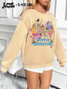 Seusyu Sudadera holgada y gruesa con cuello redondo, estampado de niñas de dibujos animados sencillo y casual para otoño e invierno, Top de jersey casual y cómodo - Albaricoque - Ver 7