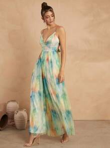 L'Amorae 女士细肩带褶饰全印花连体裤，休闲度假