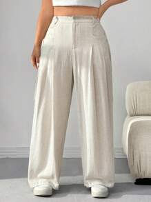 CovetEZ Quần vải lanh tối giản màu trơn cỡ lớn có túi cài nút phía trước, đầu thu - Màu be - Xem 3