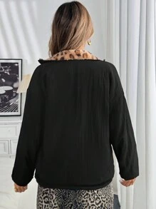 SHEIN LUNE Áo khoác lót nhiệt họa tiết da báo tối giản, tay dài có khóa kéo phía trước - màu đen - Xem 2