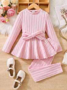 2 件装年轻女孩纯色圆领长袖简约上衣和裤子套装 - 粉色 - 查看 8