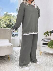 Calvaya Bộ quần áo len dài tay cổ tròn màu trơn cỡ lớn và quần dài, cho mùa đông - Xám - Xem 6