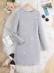 Robe longue polyvalente et confortable à col rond et manches longues pour filles préadolescentes - Gris - Voir 1