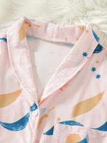 2pcs Teen Girls Pajamas Set Minimalist Line & Moon & Sun & Fallen Leaves Pattern Long Pants & Long Sleeve Casual Comfy Home Outfit - Pink - View 5