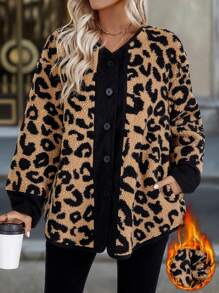 SHEIN LUNE Solid Color Splicing Front Button Long Sleeve Leopard Print Splicing Fluffy Jacket Fall Cloth For Women - Multicolor - View 1