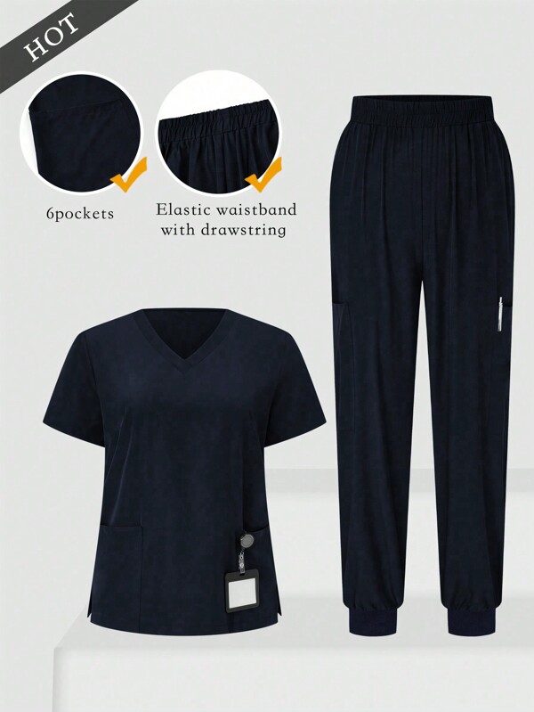 TaskEZ 2pcs Plus Size V-Neck Casual Daily Wear Summer Short Sleeve Top And Pants Set, Plus Size Uniforms & Scrubs