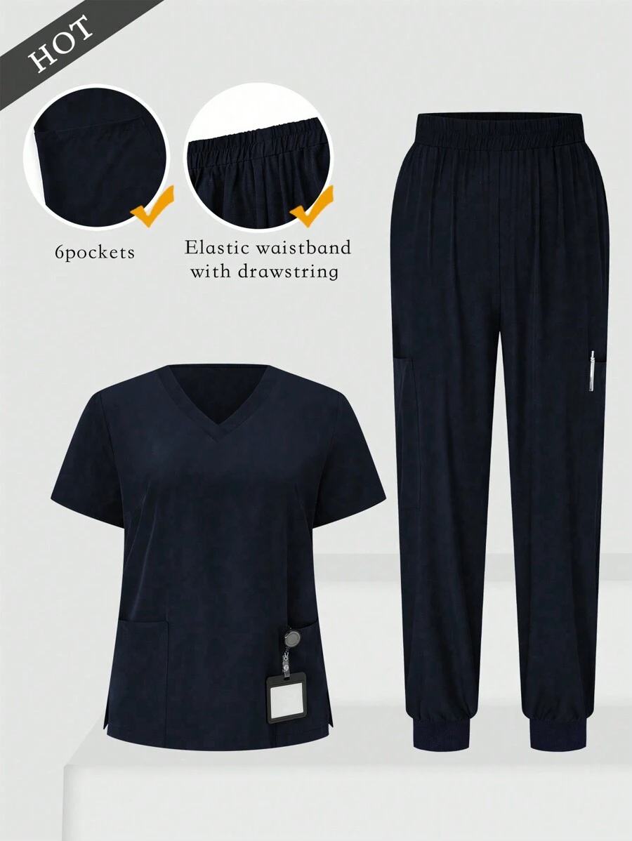 TaskEZ 2pcs Plus Size V-Neck Casual Daily Wear Summer Short Sleeve Top And Pants Set, Plus Size Uniforms & Scrubs - Navy Blue - View 1