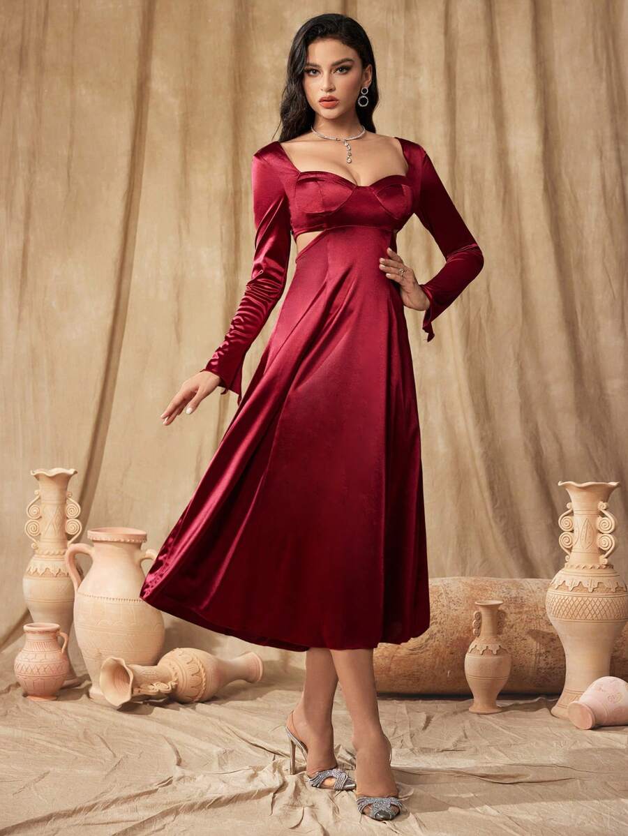 SHEIN Belle Burgundy Red Ladies' Rhinestone Collar Long Sleeve Hollow Simple Casual Cocktail Dress, Wedding Event Dress, Semi Formal Prom Dress, For Birthday, Wedding Guest, Graduation Homecoming - Burgundy - View 1
