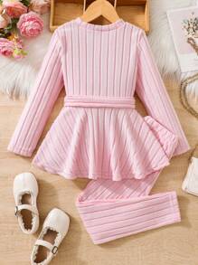 2 件装年轻女孩纯色圆领长袖简约上衣和裤子套装 - 粉色 - 查看 7