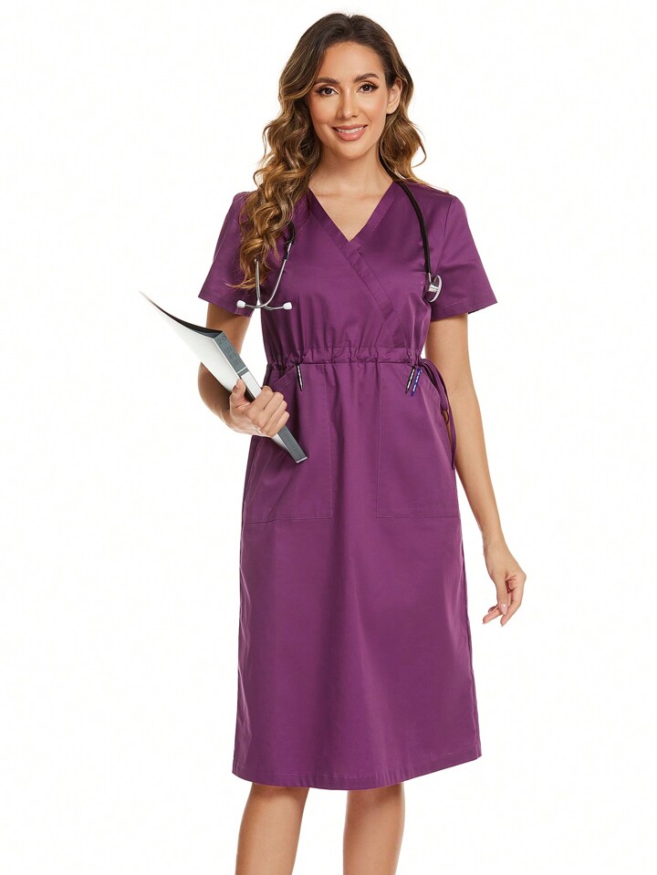 V Neck Scrub Dress Solid Color Short Sleeve Drawstring One Piece Nurse Dress