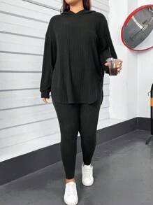 SHEIN Tall CURVE 纯色罗纹长袖连帽 T 恤和紧身裤两件套 - 黑色 - 查看 5