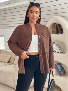 SHEIN Essnce Plus Size Autumn/Winter Thermal Waffle Knit Shacket - Coffee Brown - View 5