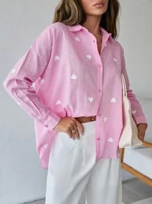 EURMUSE 100% Cotton HEART PATTERN LONG SLEEVE SHIRT