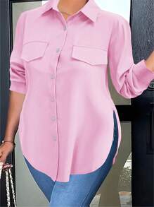 Plus Size Women Fashion Chic Solid Color Side Slit Blouse