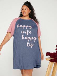 SHEIN CURVE+ Plus Letter Graphic Contrast Raglan Sleeve Nightdress - Dusty Blue - View 5