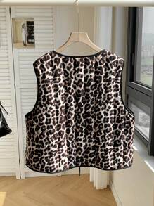 SHEIN EZwear Gilet sans manches réversible matelassé à col en V et nœud, imprimé léopard, style décontracté, tailles grandes, automne-hiver pour femmes