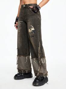 ROMWE Grunge Punk 复古做旧撞色骷髅字母图案女式牛仔裤 - 黃色 - 查看 4