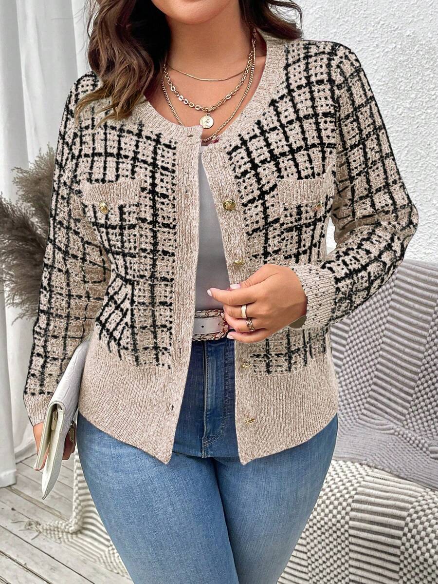 SHEIN Privé Plus Size Casual Plaid Cardigan, Spring Autumn SHEIN USA
