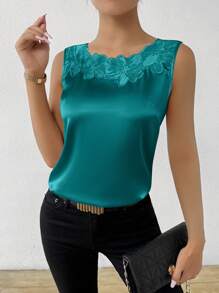 Chiquease 女式无袖缎面拼布衬衫，带蕾丝花边，无袖上衣