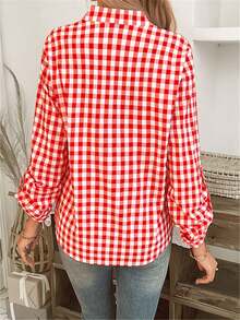 女式缺口领长袖格子休闲衬衫