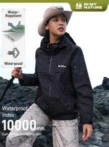 In My Nature 女士简约字母印花前拉链长袖连帽户外夹克冬季女式上衣 - 黑色 - 查看 1