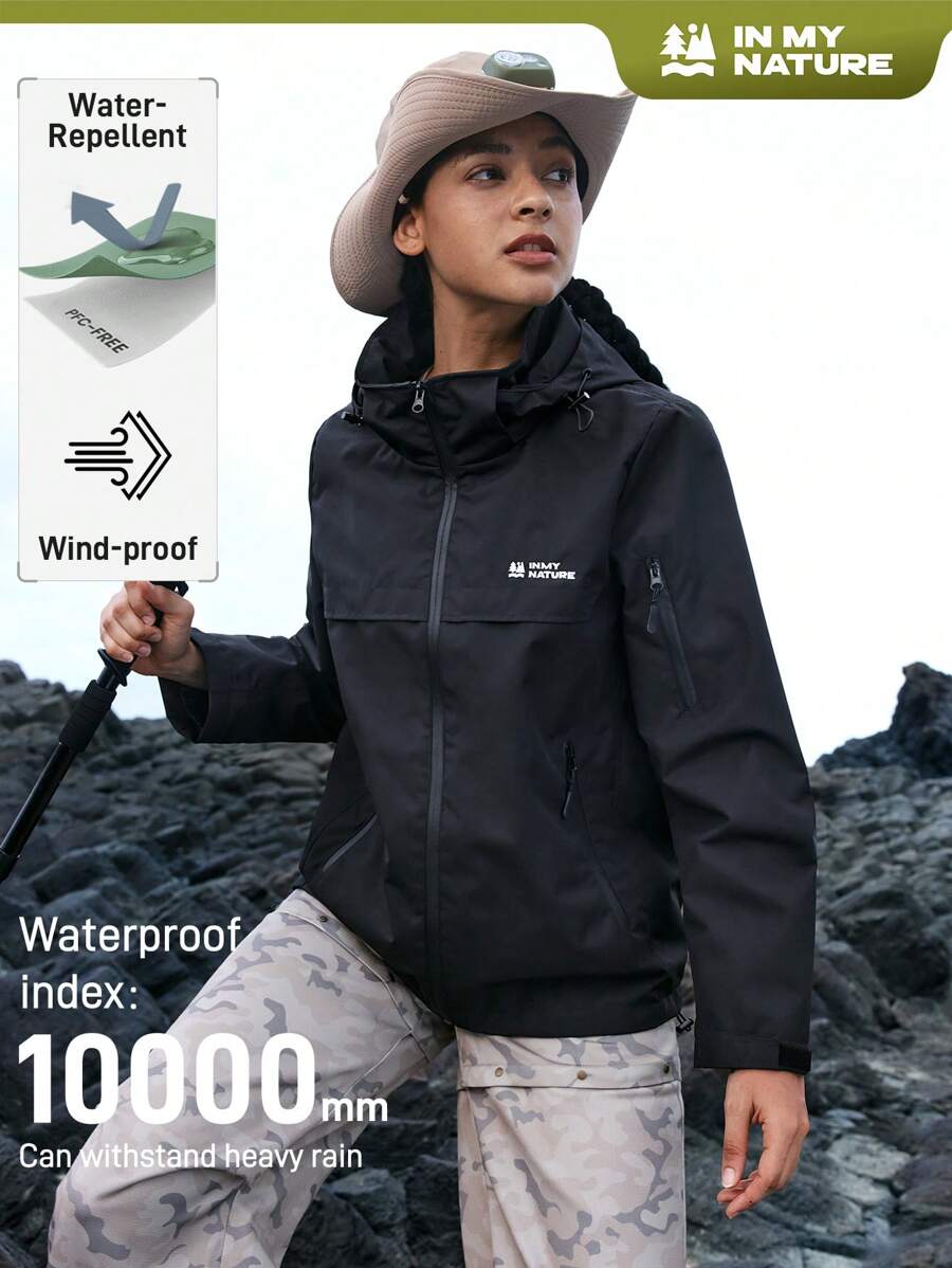 In My Nature 女士简约字母印花前拉链长袖连帽户外夹克冬季女式上衣 - 黑色 - 查看 1