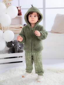 3pcs Baby Boys Outfit Set, Includes Dinosaur Print Romper, Flannel Jacket And Matching Pants, Comfortable, Practical And Fashionable For All Seasons