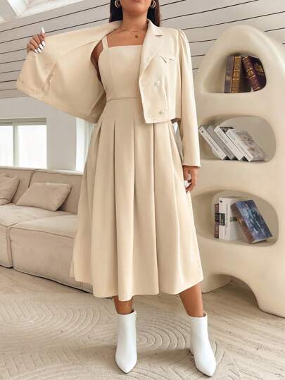 SHEIN Essnce 2 件大码女式吊带裙和西装外套套装，秋冬