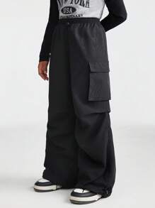 SHEIN Leap Crew Tween Girls Fall/Winter Basic Black Sportswear Wide Leg Pants For Back To School - Black - View 4