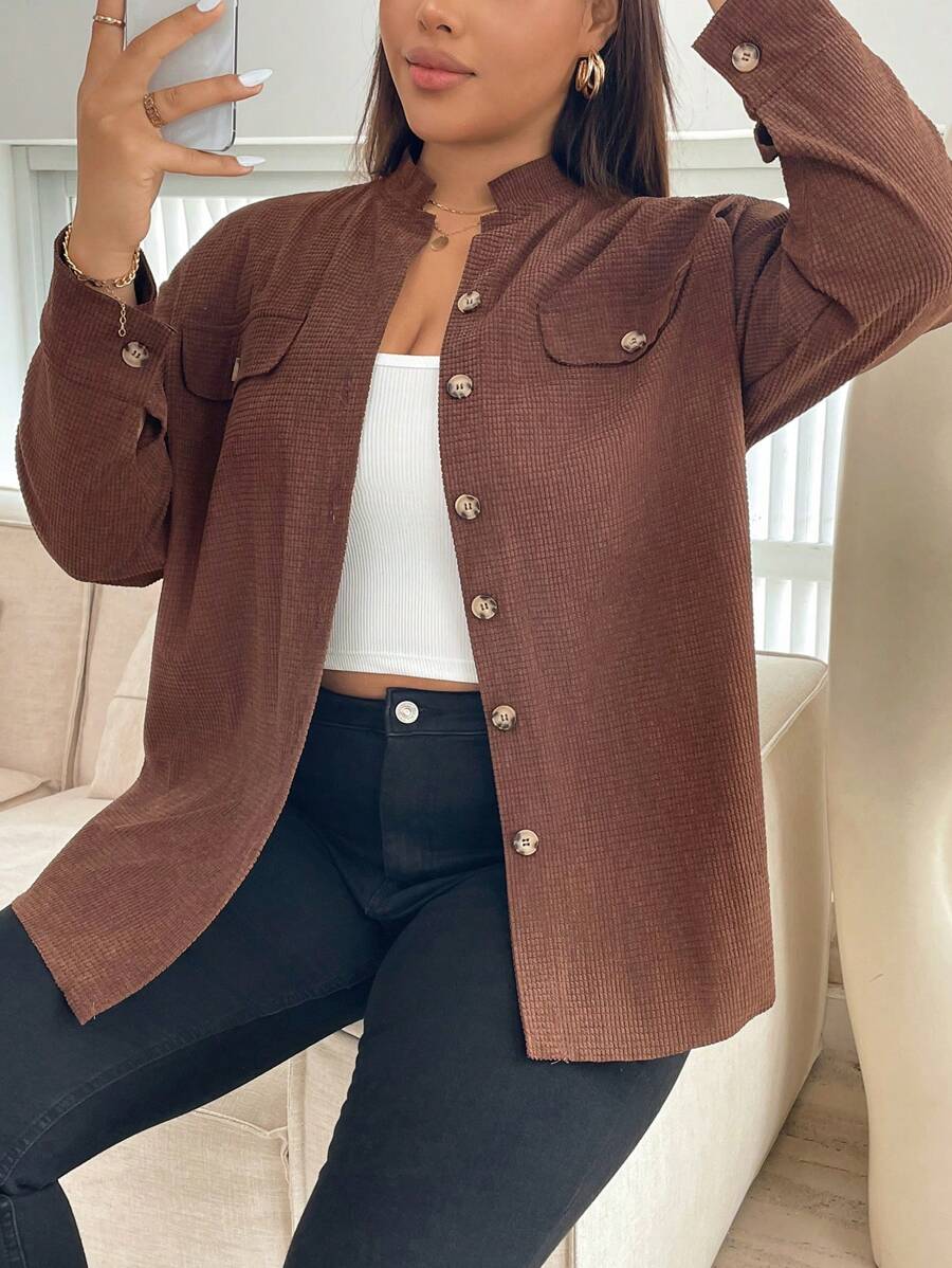 SHEIN Essnce Plus Size Autumn/Winter Thermal Waffle Knit Shacket - Coffee Brown - View 1