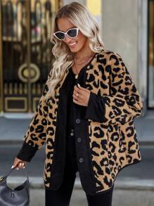 SHEIN LUNE Solid Color Splicing Front Button Long Sleeve Leopard Print Splicing Fluffy Jacket Fall Cloth For Women - Multicolor - View 6
