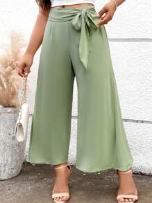 SHEIN Clasi Plus Size Solid Color Woven Knotted Wide-Leg Casual Pants Fall Cloth For Women - Green - View 3
