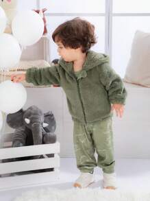 3pcs Baby Boys Outfit Set, Includes Dinosaur Print Romper, Flannel Jacket And Matching Pants, Comfortable, Practical And Fashionable For All Seasons