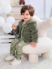 3pcs Baby Boys Outfit Set, Includes Dinosaur Print Romper, Flannel Jacket And Matching Pants, Comfortable, Practical And Fashionable For All Seasons