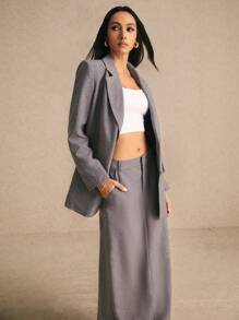 Poéselle 女士单排扣长袖西装外套裙套装，1 件纯色优雅女装套装，上衣和裙子套装，秋季女式西装，裙子套装，灰色，适合办公室穿着，FW24 - 白色 - 查看 5