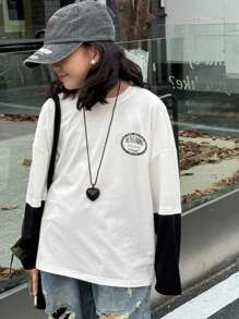 Dazy Kids 女童撞色二合一字母印花T恤，秋季，返校服装 - 白色 - 查看 4