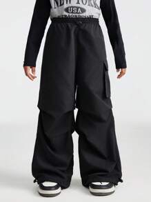 SHEIN Leap Crew Tween Girls Fall/Winter Basic Black Sportswear Wide Leg Pants For Back To School - Black - View 1