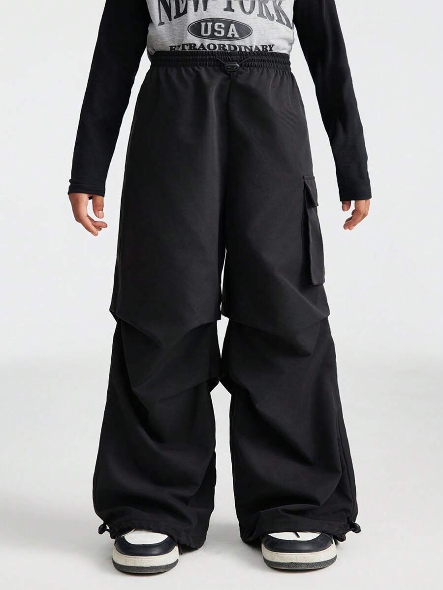 SHEIN Leap Crew Tween Girls Fall/Winter Basic Black Sportswear Wide Leg Pants For Back To School - Black - View 1