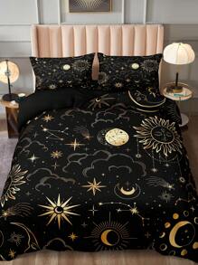 Black Gold Sun And Moon Bedding Set Boho Duvet Cover Set Gold Moon And The Stars Printed 3 Pieces Room Decorations Bohemian Comforter Cover Soft Microfiber Duvet Cover For Boys Girls 2 Pillowcases No Comforter Gifts