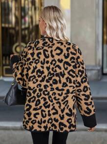 SHEIN LUNE Solid Color Splicing Front Button Long Sleeve Leopard Print Splicing Fluffy Jacket Fall Cloth For Women - Multicolor - View 2