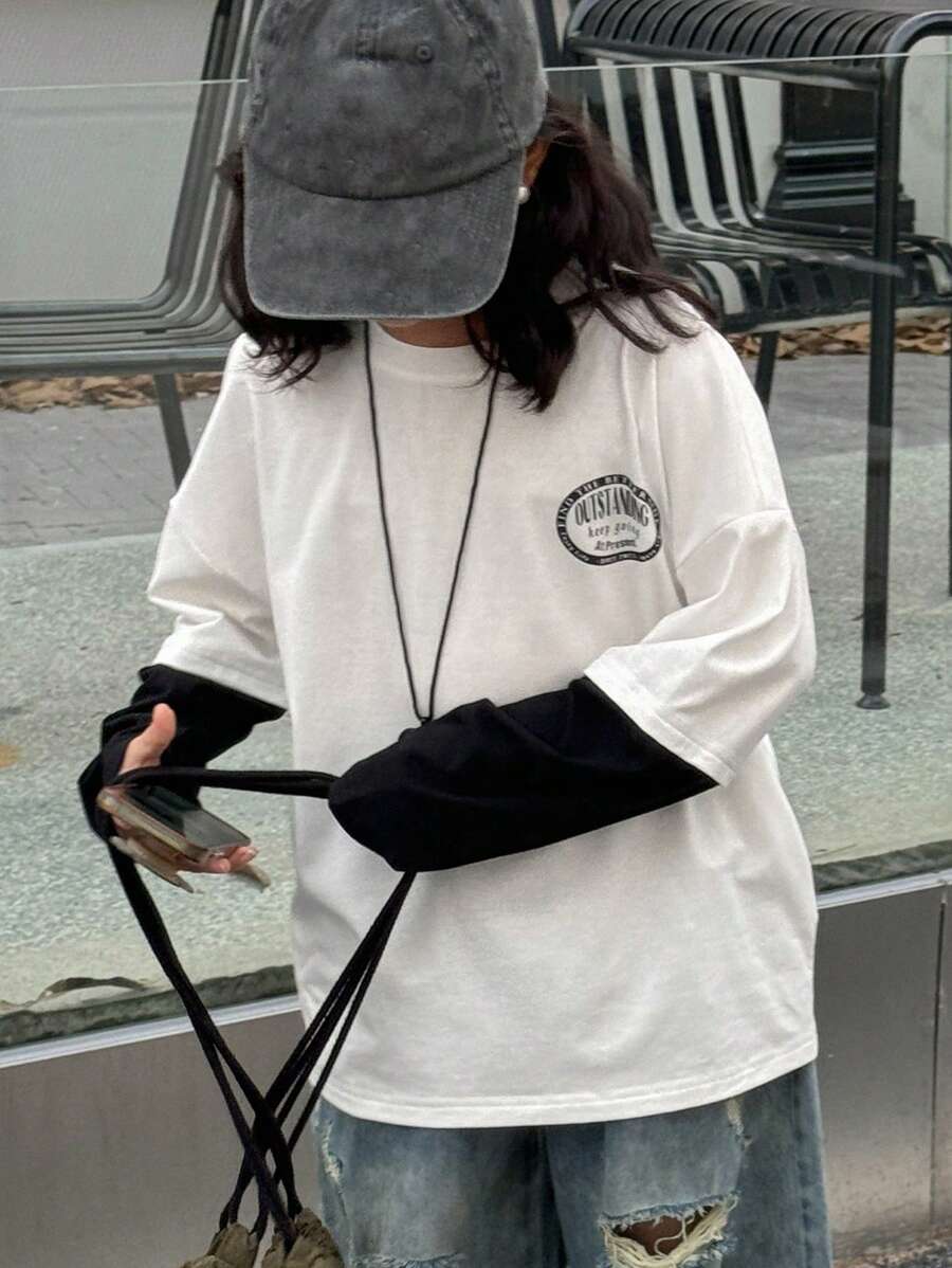 Dazy Kids 女童撞色二合一字母印花T恤，秋季，返校服装 - 白色 - 查看 1