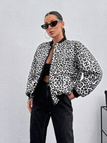 EURMUSE Front Zipper Long Sleeve Leopard Print Casual Jacket - Multicolor - View 7