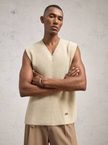 AKNOTIC Business Casual Men's Fitted V-Neck Sleeveless Knit Vest, For Fall Winter - Apricot - View 1