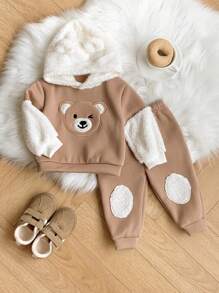 SHEIN 2 件装男婴可爱熊图案拼接蓬松连帽衫和松紧腰裤套装适合秋冬季休闲服装 - 彩色 - 查看 3