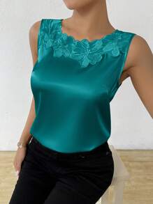 Chiquease 女式无袖缎面拼布衬衫，带蕾丝花边，无袖上衣