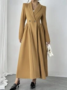 Chiquease Abrigo largo de lana de doble botonadura con pliegues y manga larga, unicolor, térmico, para mujer